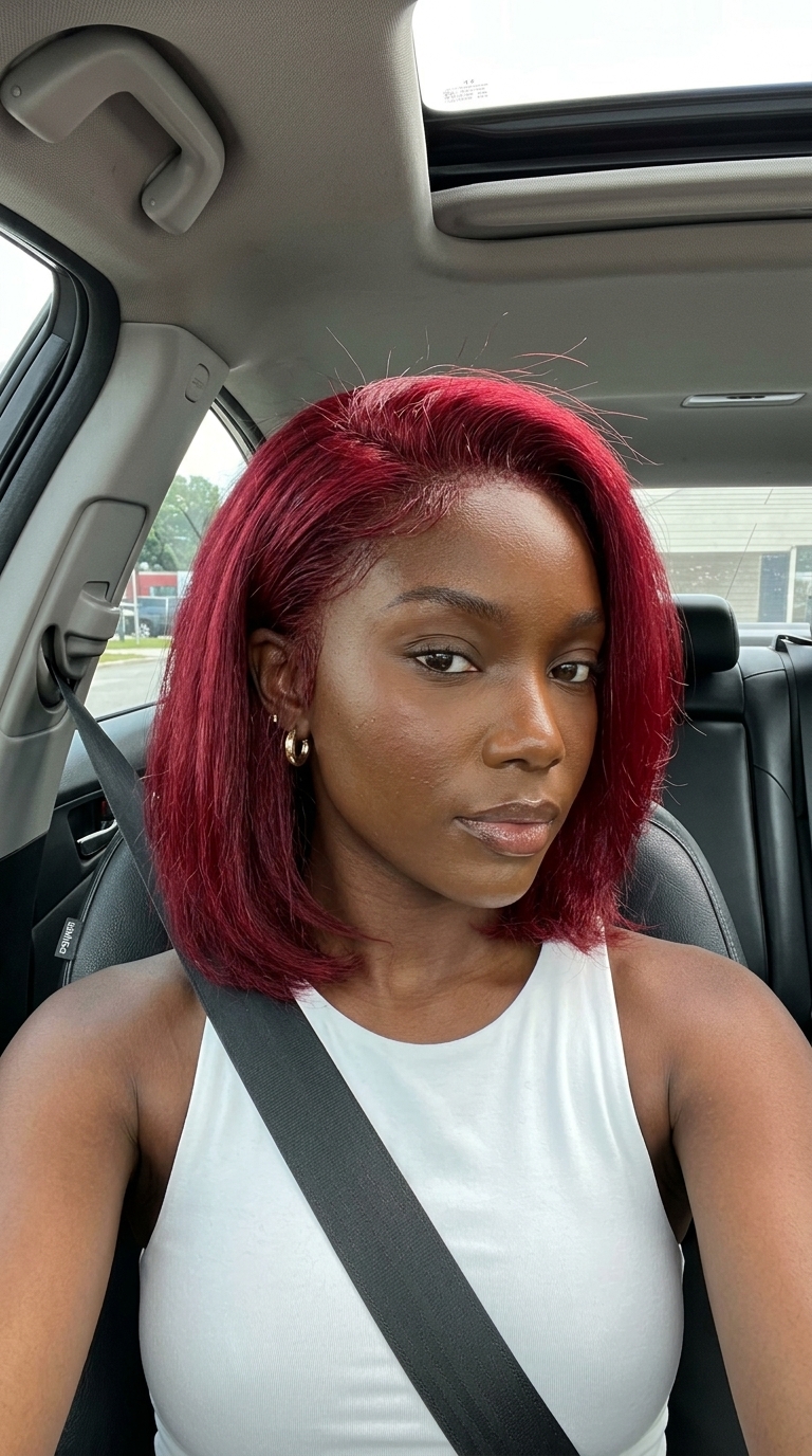 short crimson red pixie haircut with vibrant all-over color and textured layers for summer