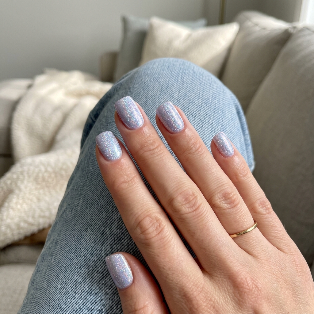 Icy lavender holographic sparkle nails for cute summer nails 2026. Perfect for festivals and casual outings.
