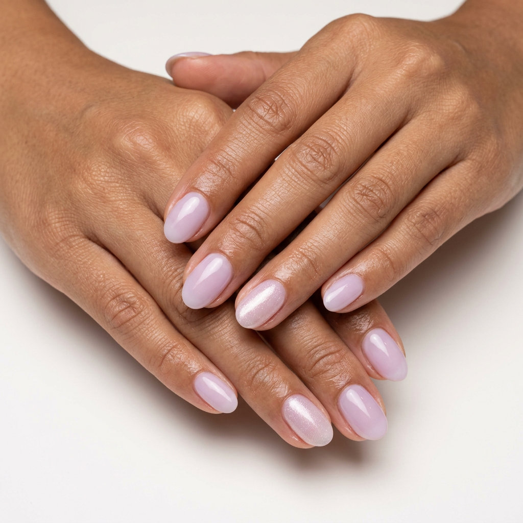 Cute summer nails 2026: Sheer lavender milk bath ovals for wedding guests and summer events.