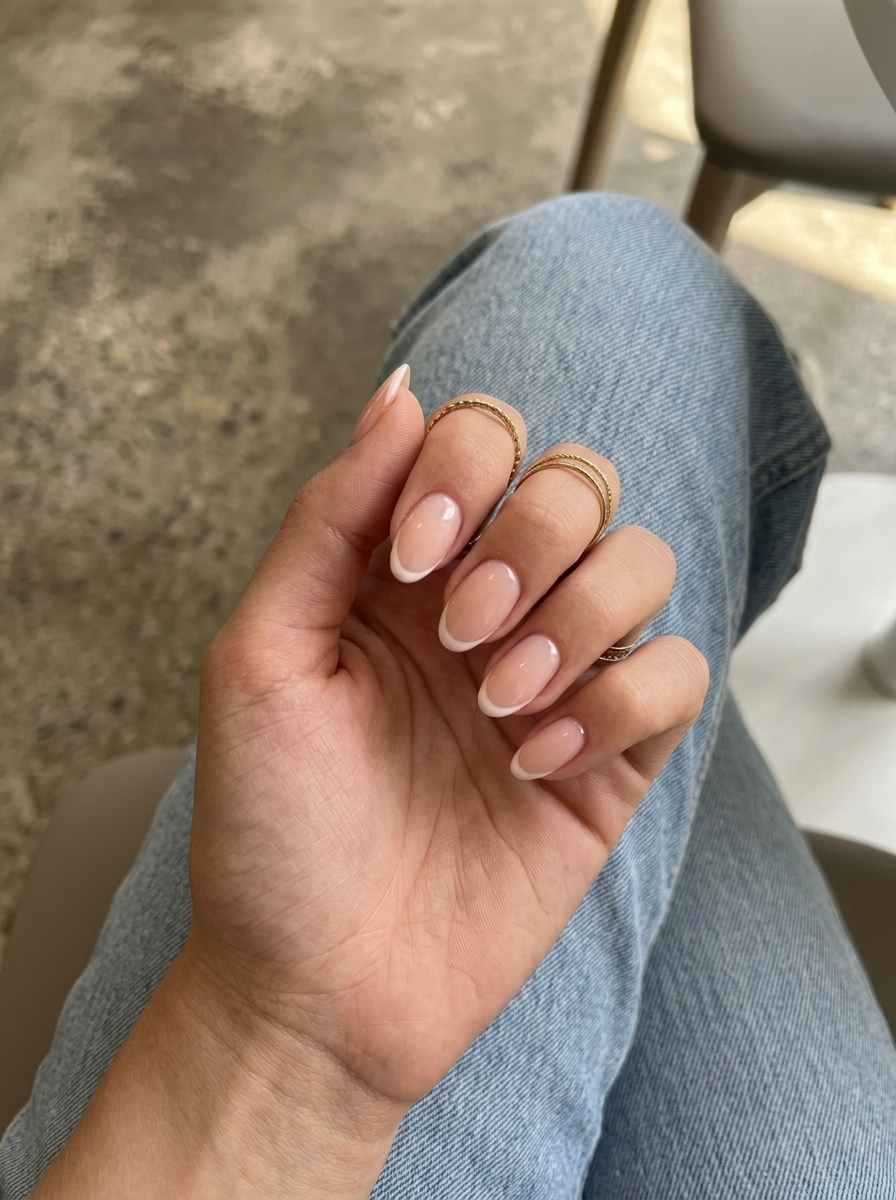 Cute summer nails 2026: Peach fuzz sheer French oval for daily wear and office appropriate looks.