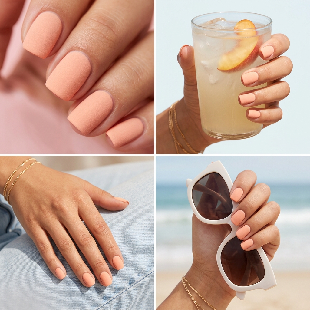 Cute summer nails 2026: Peach fuzz velvet square glow for casual everyday and brunch.