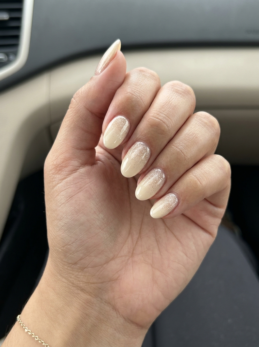 Cute summer nails 2026: Creamy vanilla glitter gradient oval sparkle for date night and evening events.