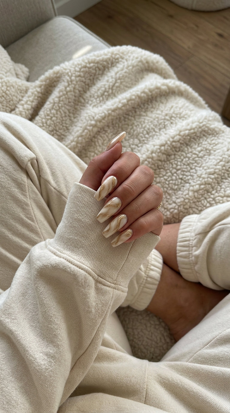 Cute summer nails 2026: Vanilla cream marble coffin design for formal events and wedding guests.