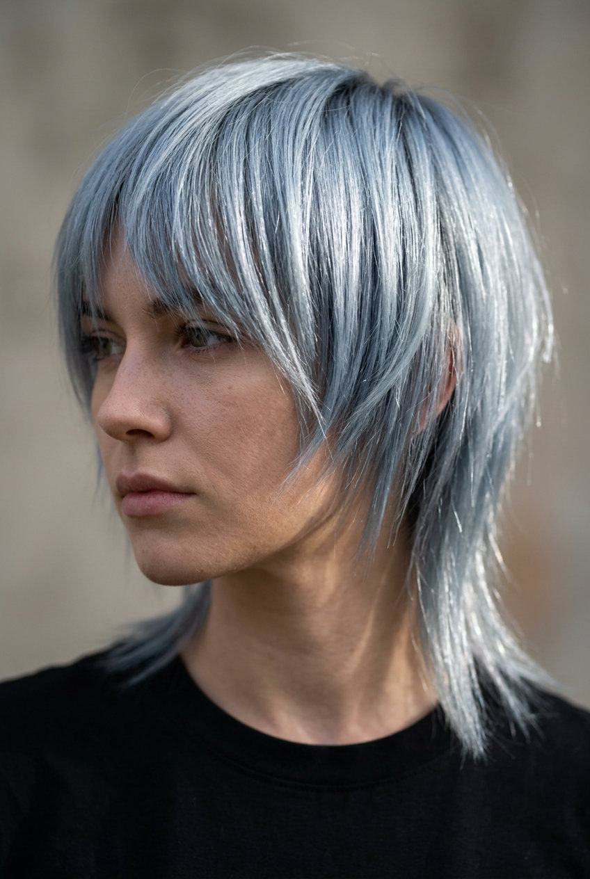 Cybernetic Edge Mullet 2026: Bold & Futuristic short-medium choppy mullet in metallic cyber grey with charcoal root for edgy night outs