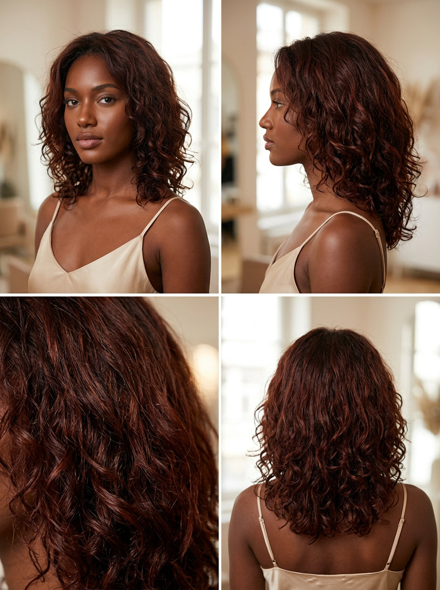 long dark auburn all-over with copper undertones, uniform saturation — festival ready