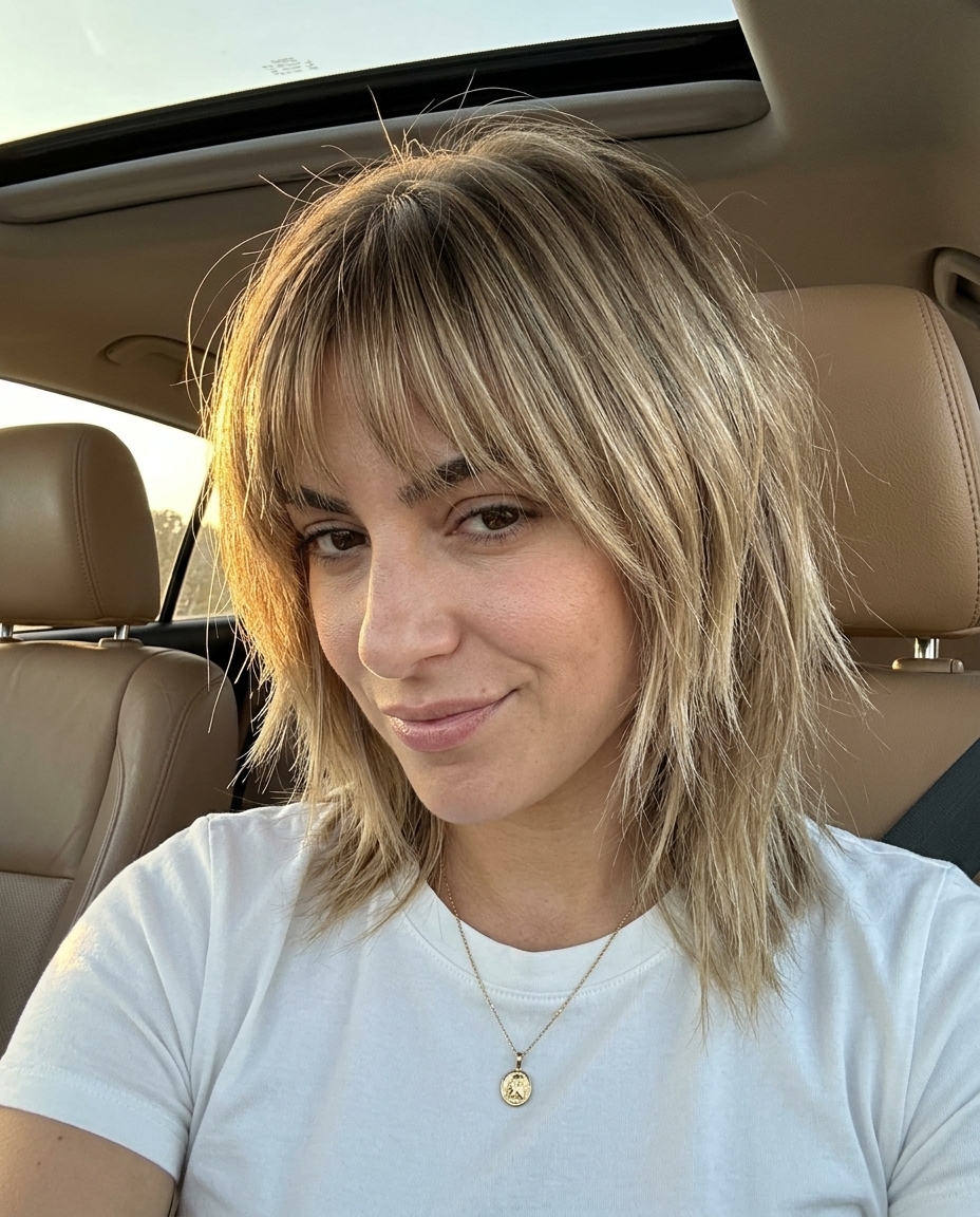 medium haircut in dark blonde with ash lowlights and choppy fringe for summer