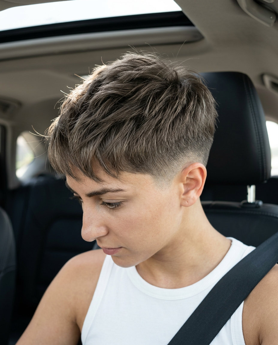 short pixie haircut with dark blonde ash brown color and clipper fade for thin fine hair