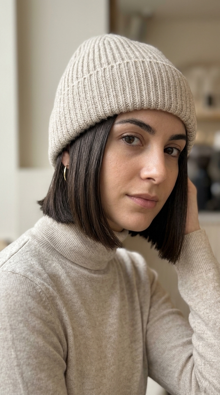 chin-length bob haircut with dark brown color, blunt ends, and center part for summer