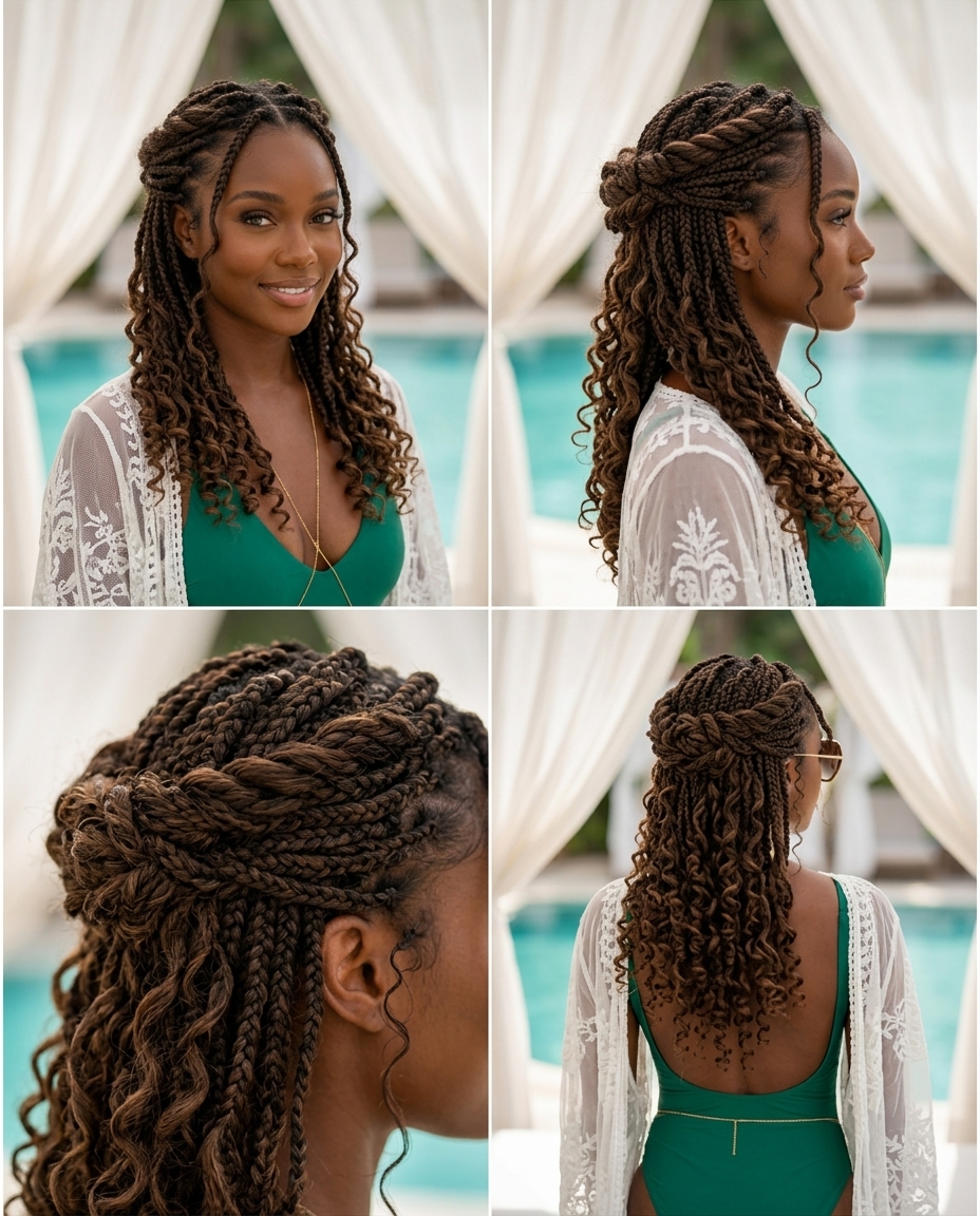 Goddess Curl Halo Braid 2026 long dark brown goddess french curl braids, half-up halo twist, no fringe — glamorous bohemian party style