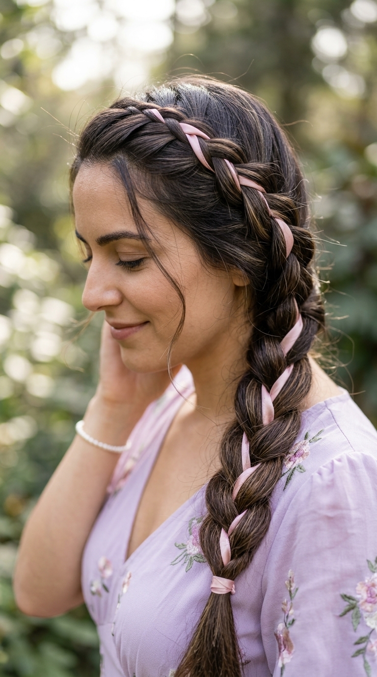 Elegant Summer Braids 2026: Parisian Ribbon Braid long dark brown ribbon braids with blush pink ribbon and subtle highlights, pancaked for volume for garden party