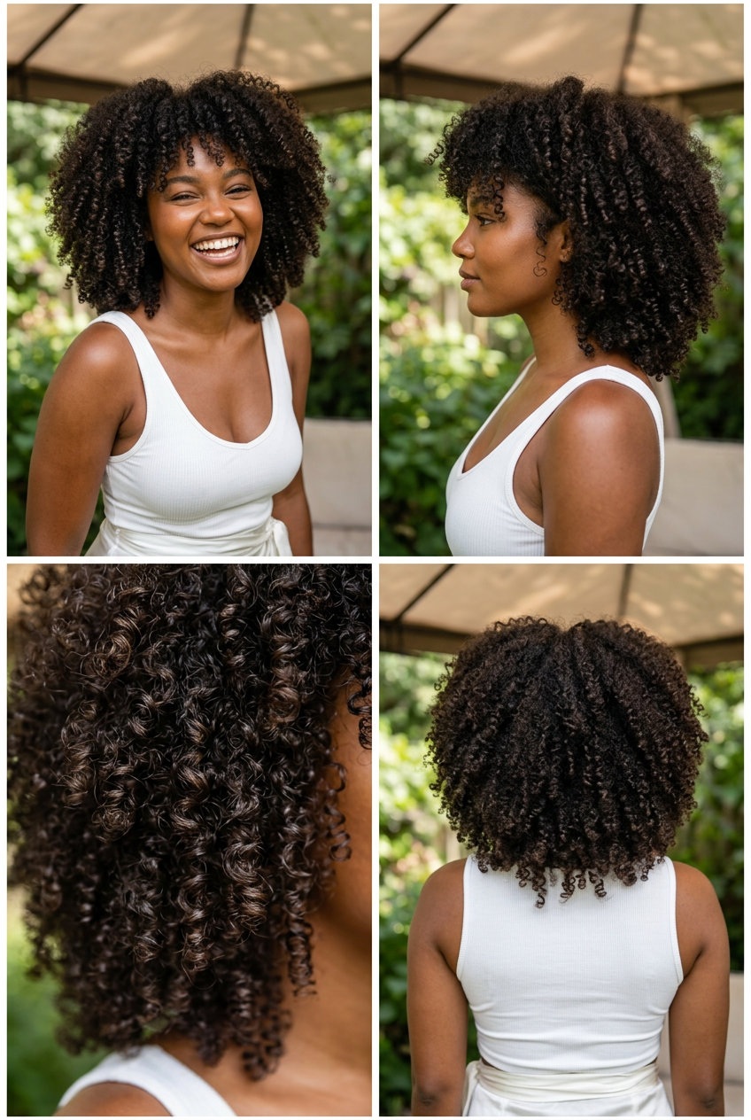 medium afro natural deep brown hair, rounded layers — defined hydrated style