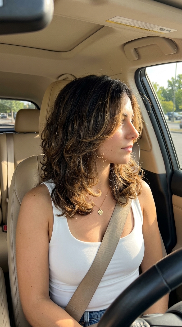 medium layered haircut in dark brown with honey highlights for summer curls