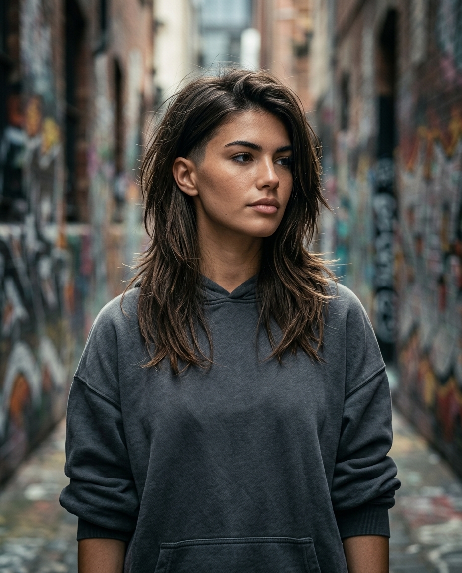 medium haircut in dark brown with sapphire blue undercut and textured layers for summer