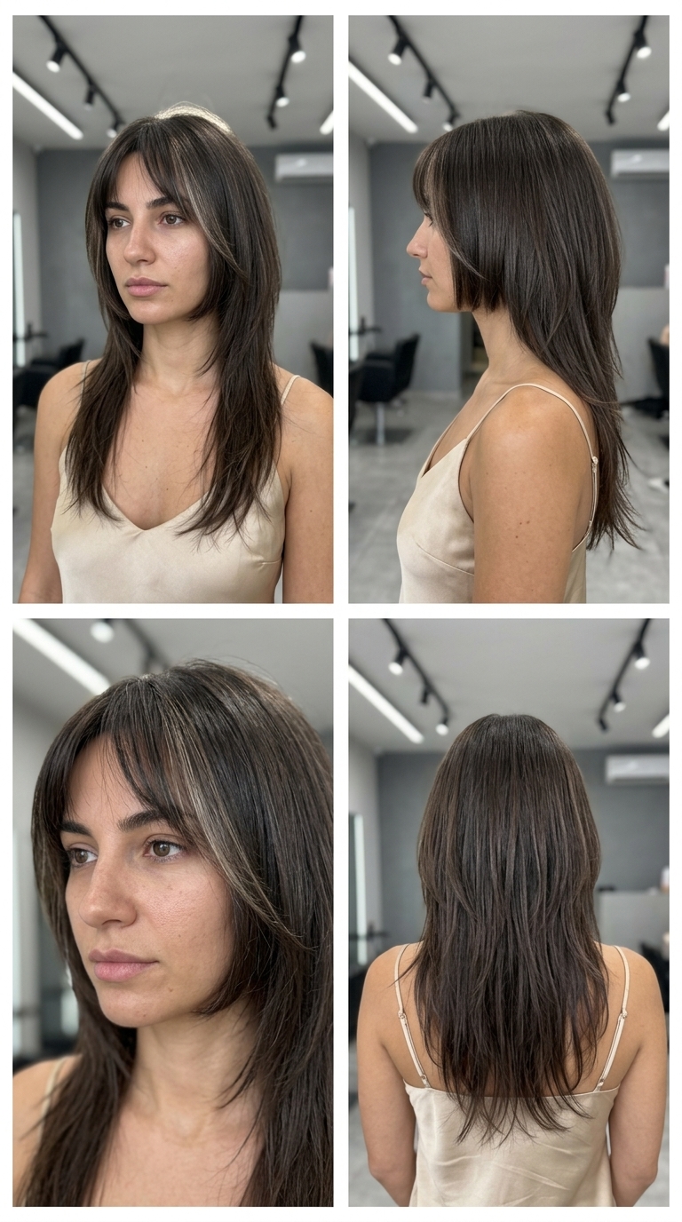 medium wolf cut with dark brown & pearl face-framing, blunt outer layer, sharp micro-fringe — chic
