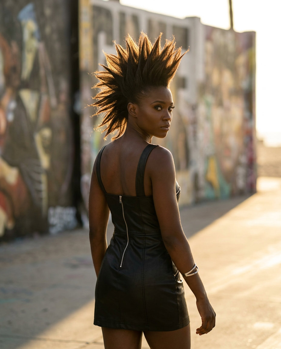 short dark brown spiked faux hawk with sculpted spikes, no fringe — edgy concert look