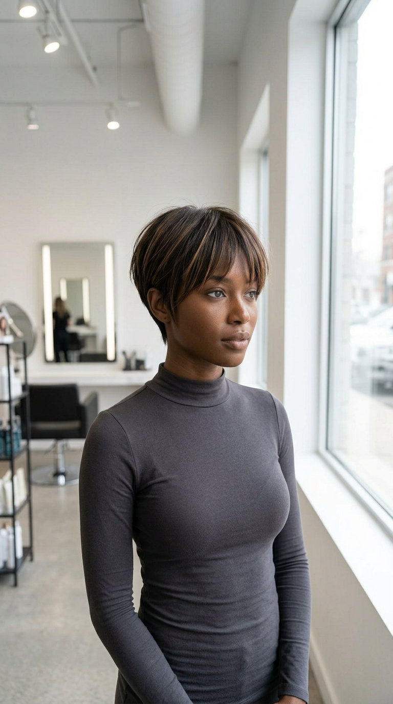short razored pixie cut with neutral dark brown and gold-copper babylights — edgy