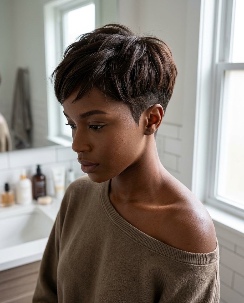 very short dark brown pixie haircut with undercut and sharp lines for modern edge