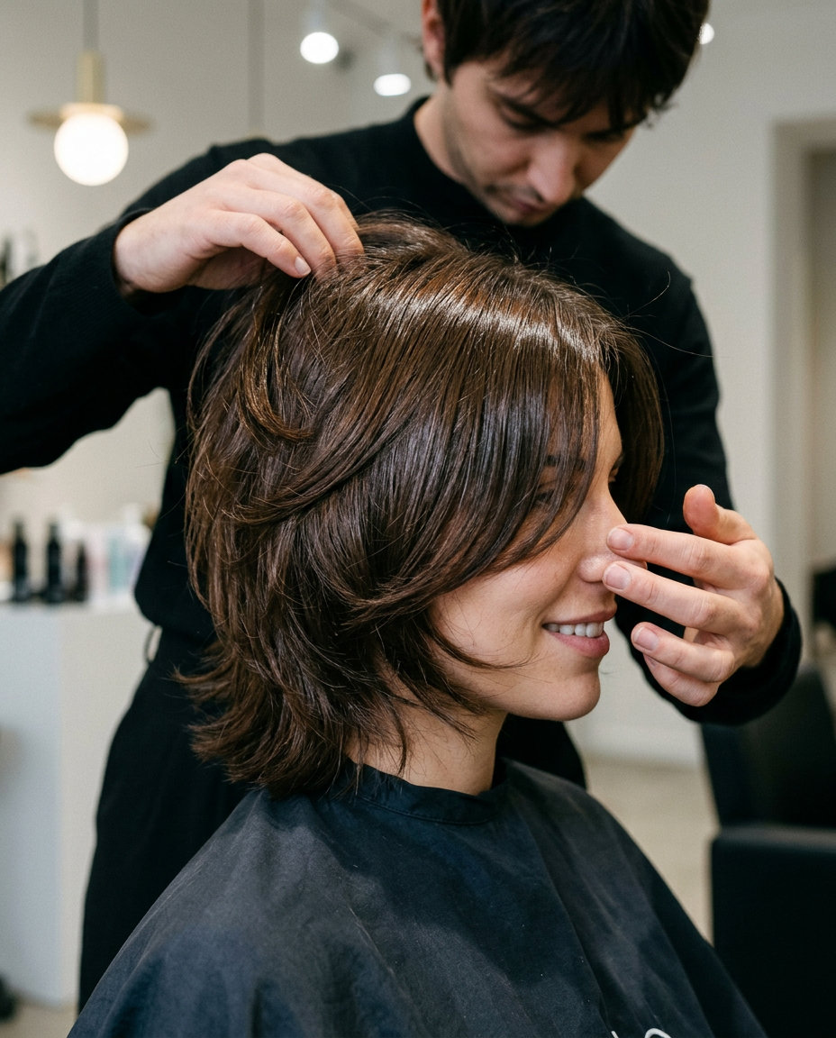short layered shag haircut in natural dark brown with clear gloss, diffused ends for beach day