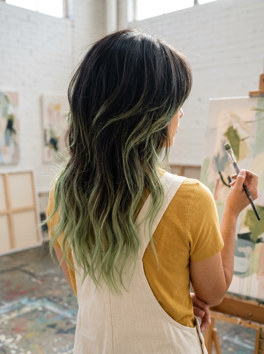 long dark brunette wolf cut with pastel matcha green tips and see-through fringe