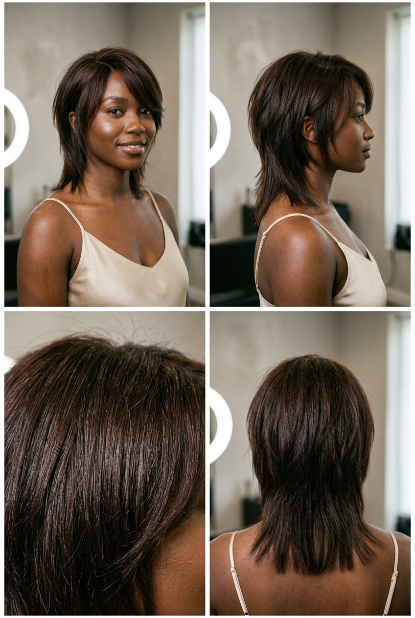 Obsidian Chic Mullet 2026 short choppy summer modern mullet haircut 2026 with deep dark brunette, blunt cut perimeter, deep side part — professional & sleek