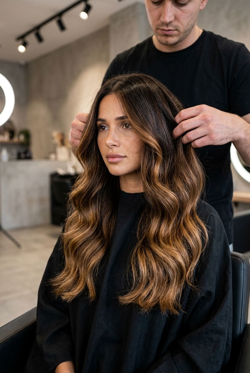 extra long layered hair with dark chocolate to burnt sugar caramel ombré — glamorous