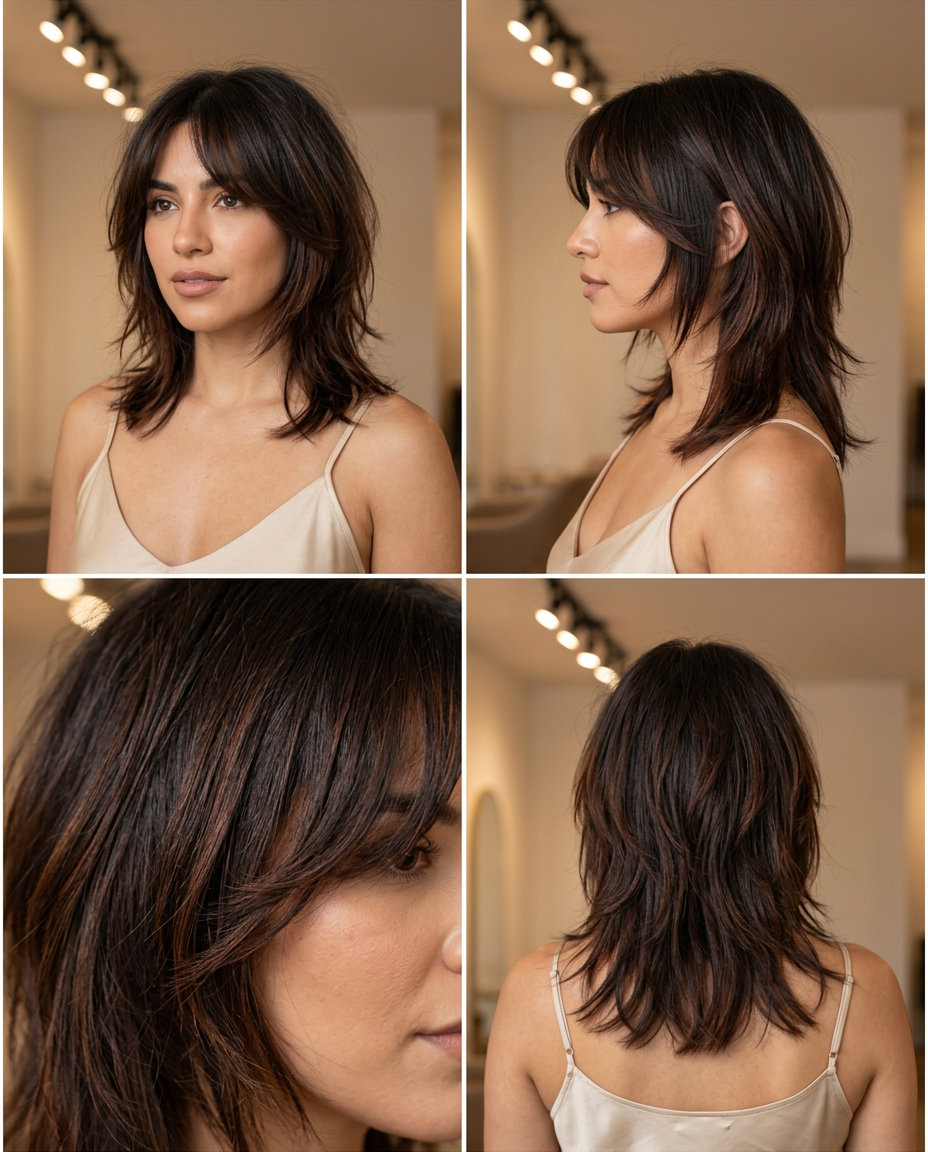 mid-length shag haircut with dark chocolate brunette and auburn lowlights for summer