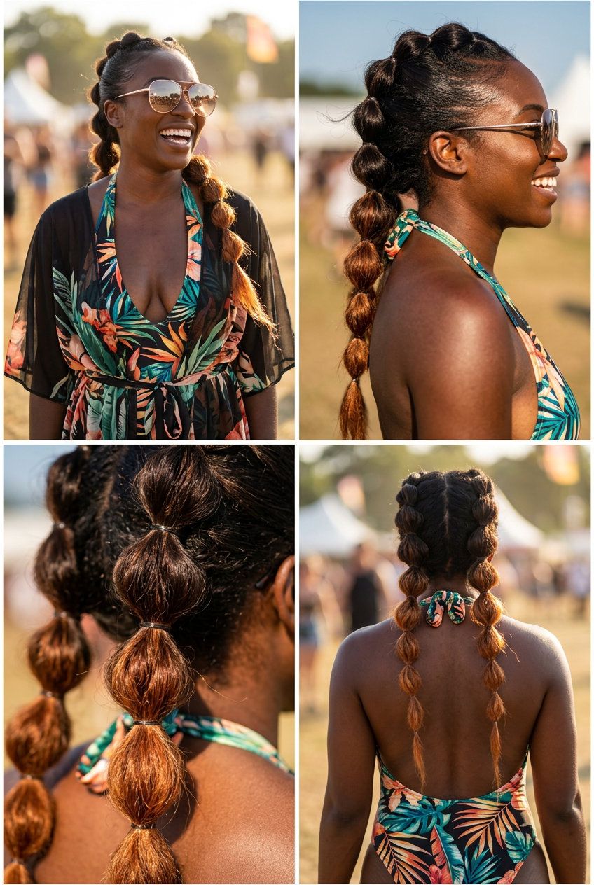 long dark chocolate ombre bubble braids with nectarine highlights, puffed sections, no fringe — playful energetic