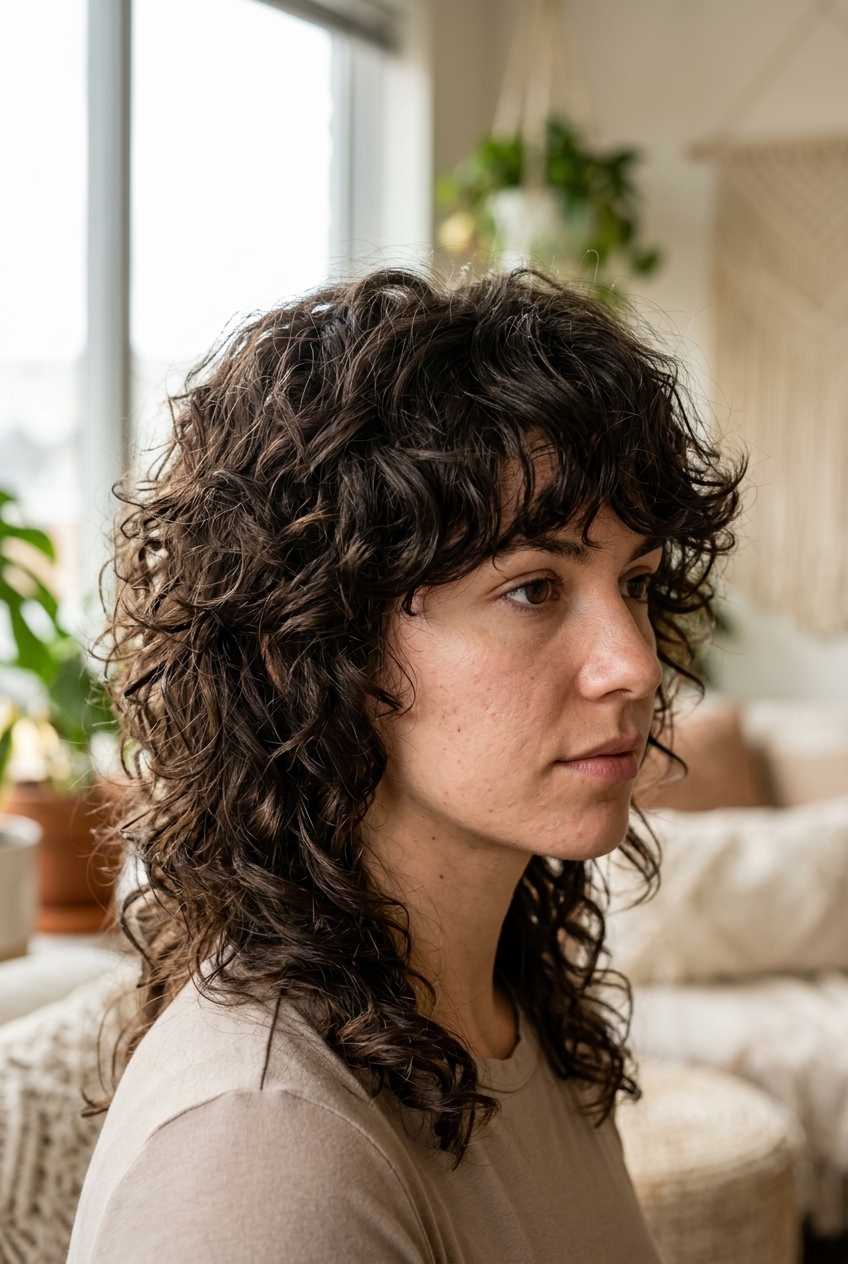 shoulder-length shag haircut in dark chocolate with auburn ribbons, textured layers, curly fringe — edgy weekend look