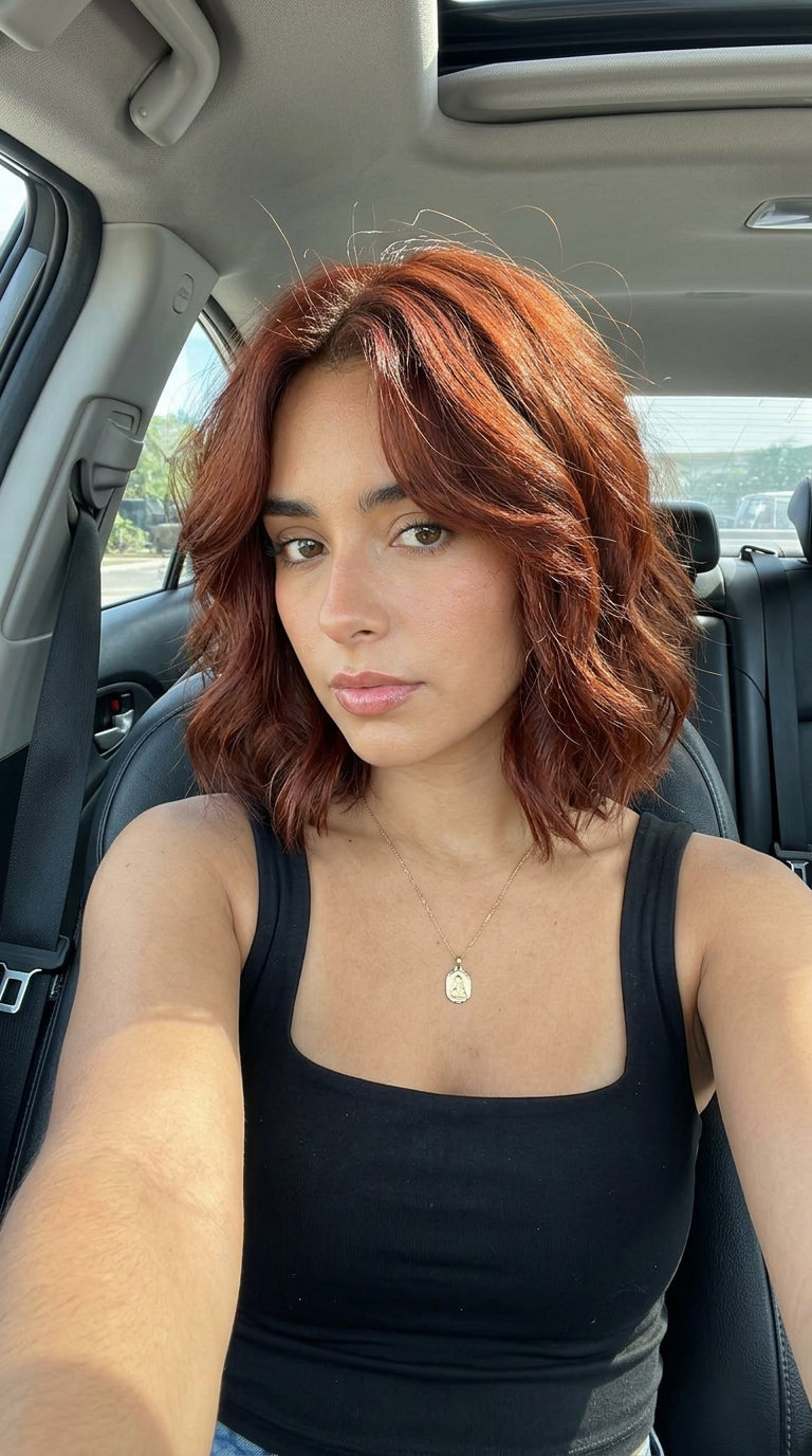 chin-length wavy bob haircut in deep auburn with copper lowlights for textured look