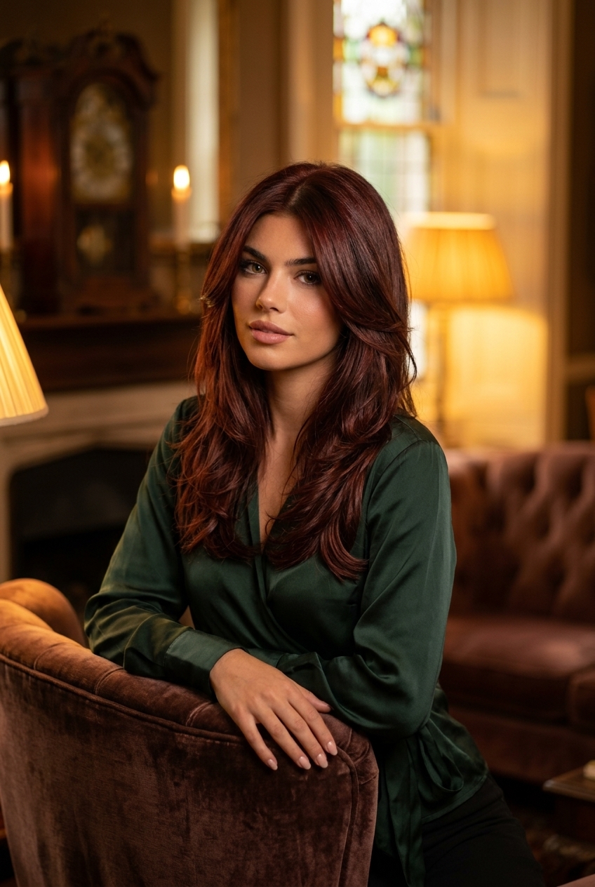 mid-length layered haircut with deep auburn and mahogany lowlights for summer