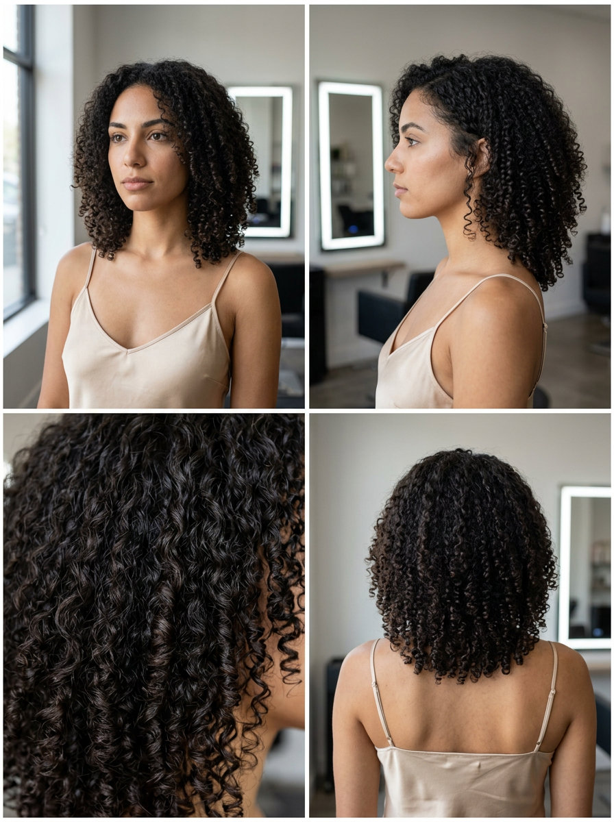 collarbone-length lob for coils in deep natural black, defined curls, rounded shape — bold natural