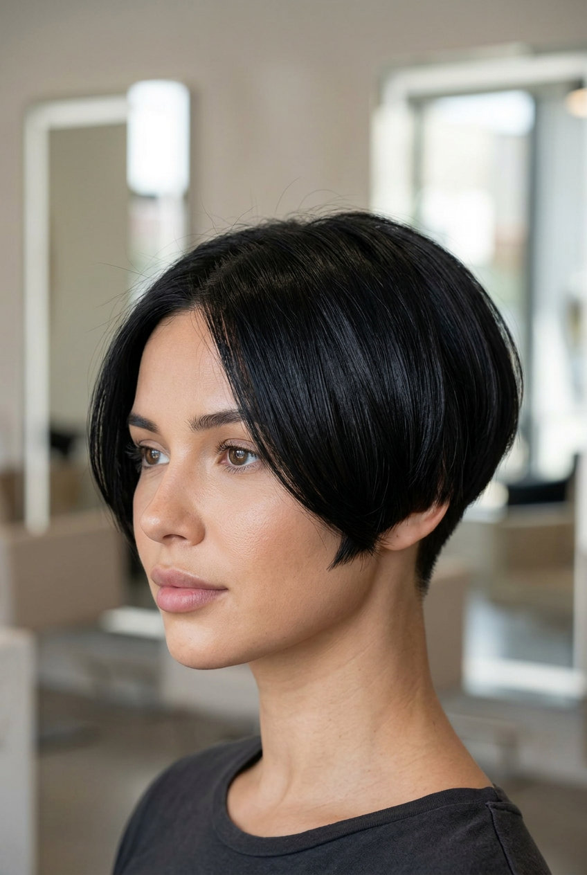 jaw-skimming bixie in deep natural black, tapered nape, deep side part — edgy minimalist