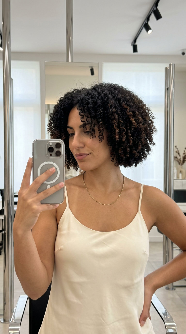 short micro bob haircut with natural deep black/brown & cinnamon balayage, dry-cut for 4C coils, playful mood