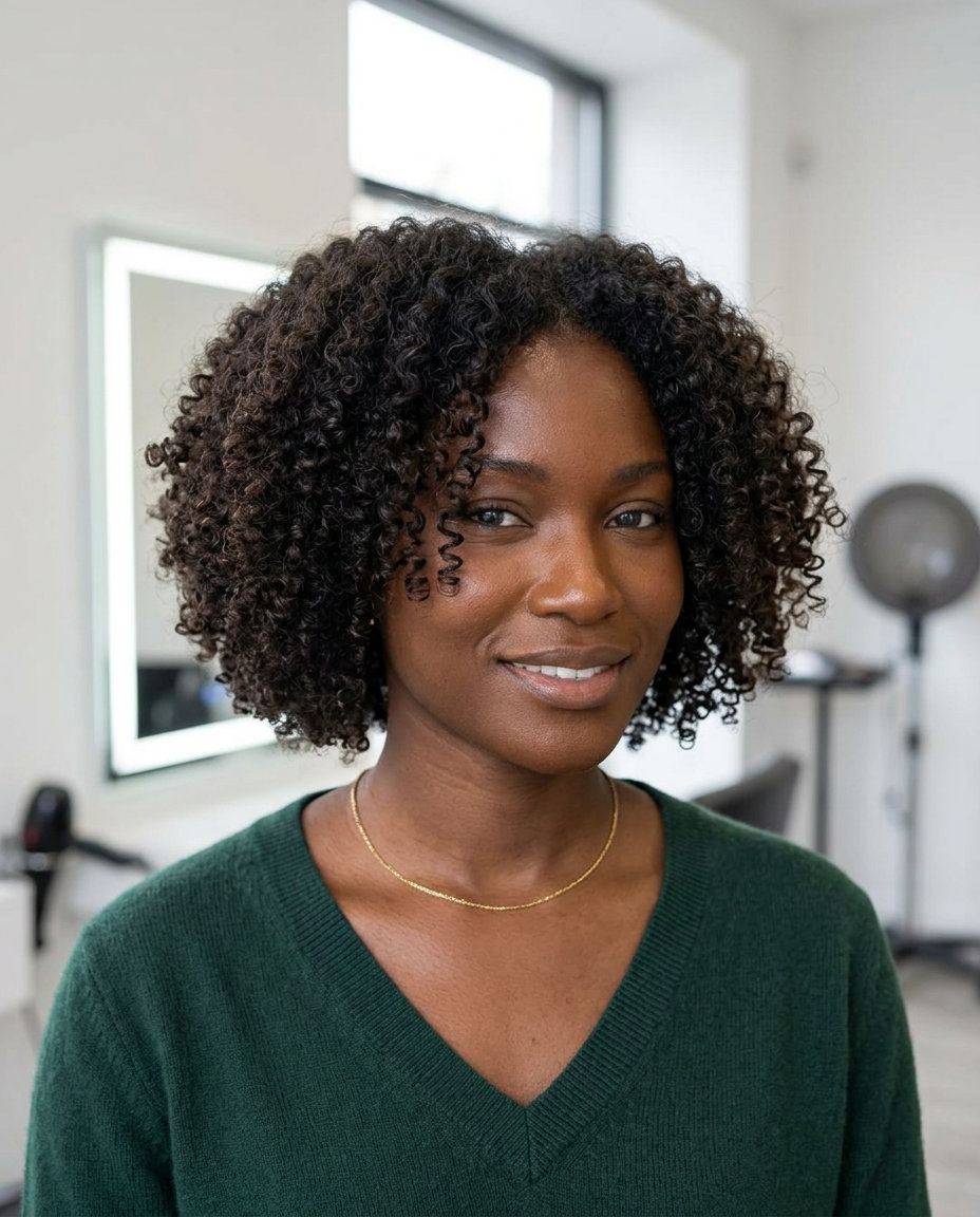 short micro bob haircut in natural deep brown/black, rounded volume for curls, playful mood