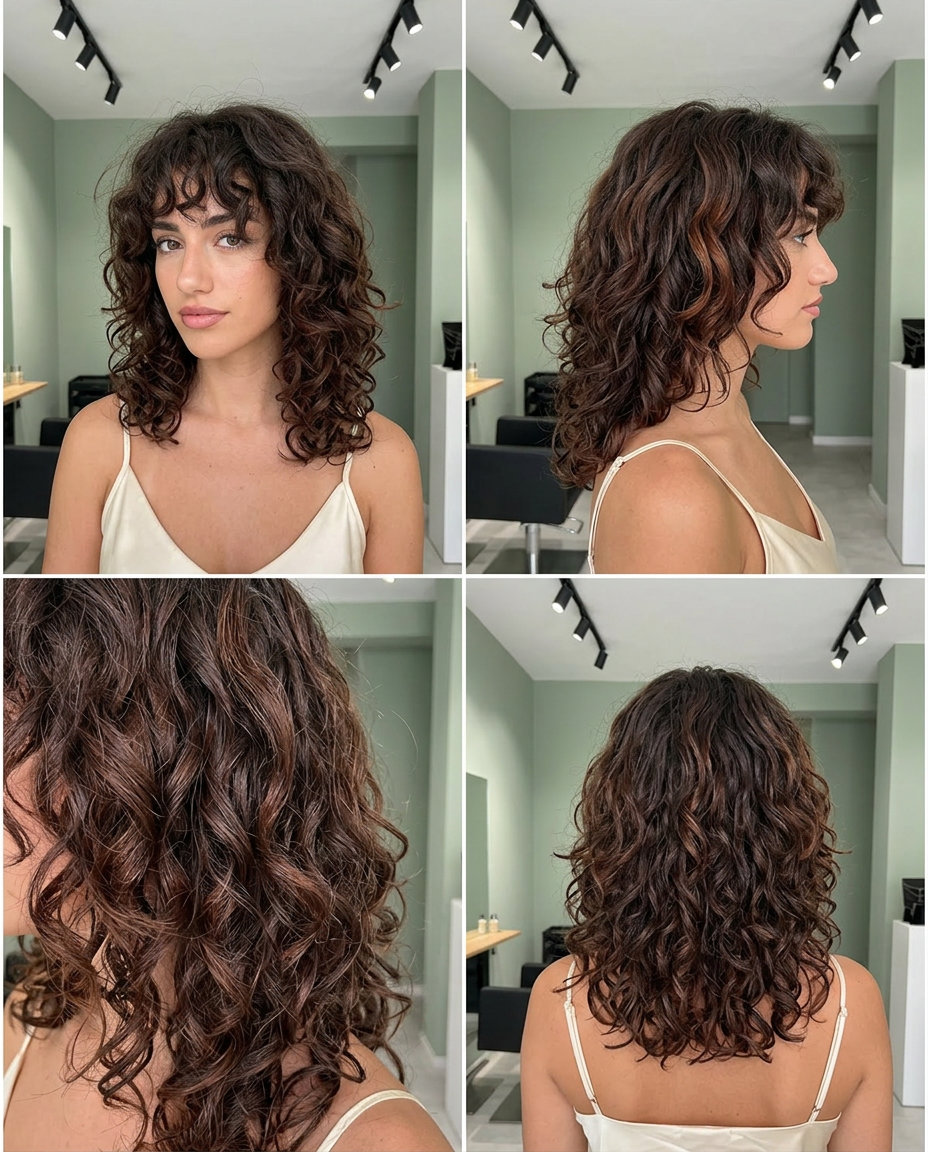 medium-length layered cut with deep brunette color and bottleneck bangs for curly hair