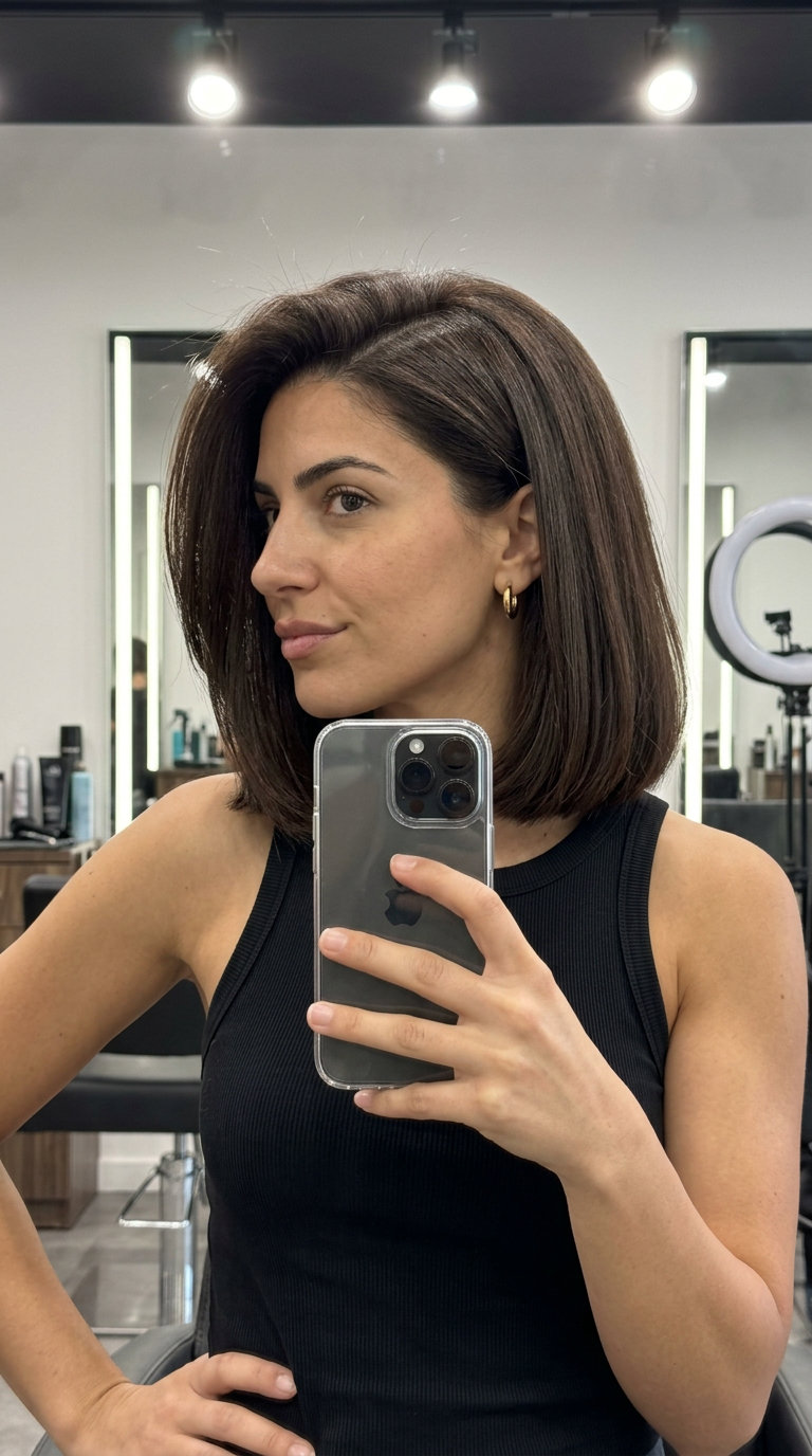 medium blunt lob haircut with deep brunette color, warm undertones, and deep side part for summer