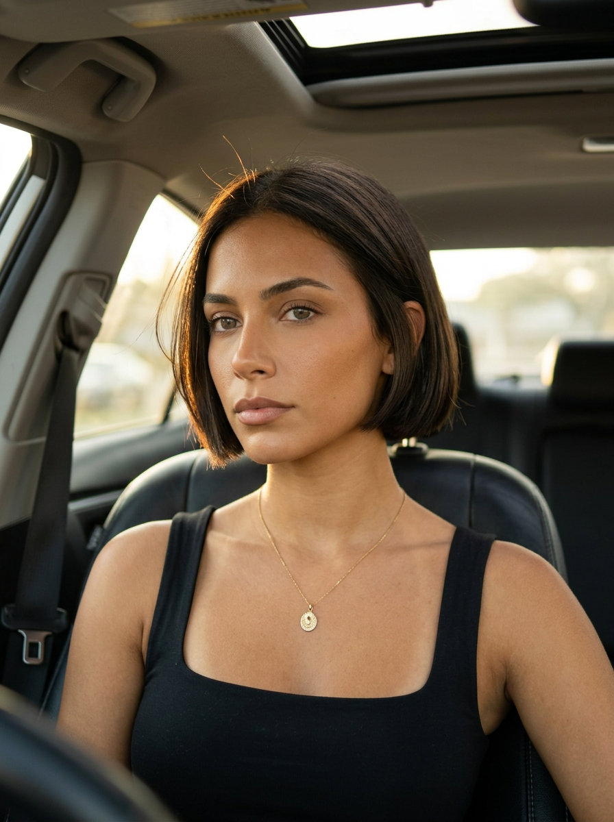 short deep brunette micro bob with glossy finish, tapered nape, no bangs — edgy