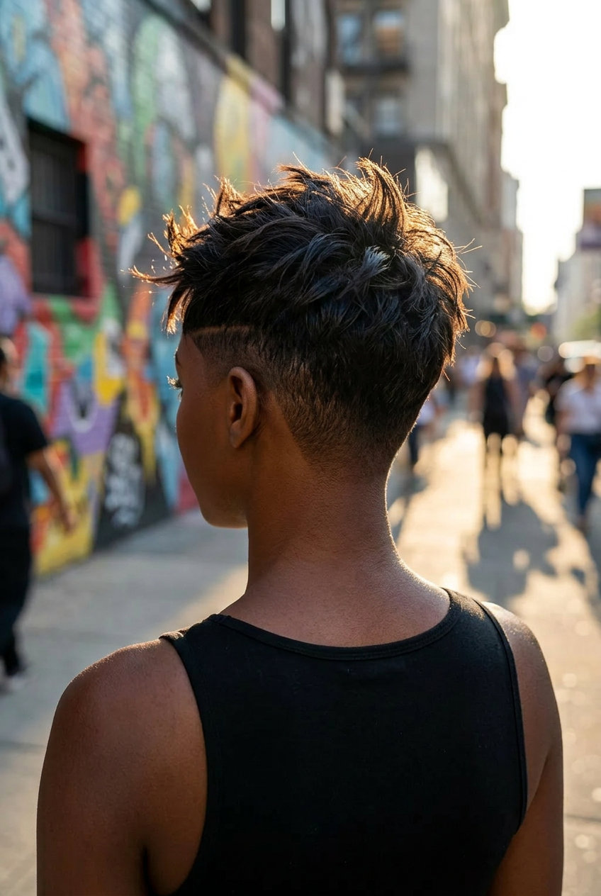 ultra-short crop haircut in deep brunette with spiky bangs and clipper fade