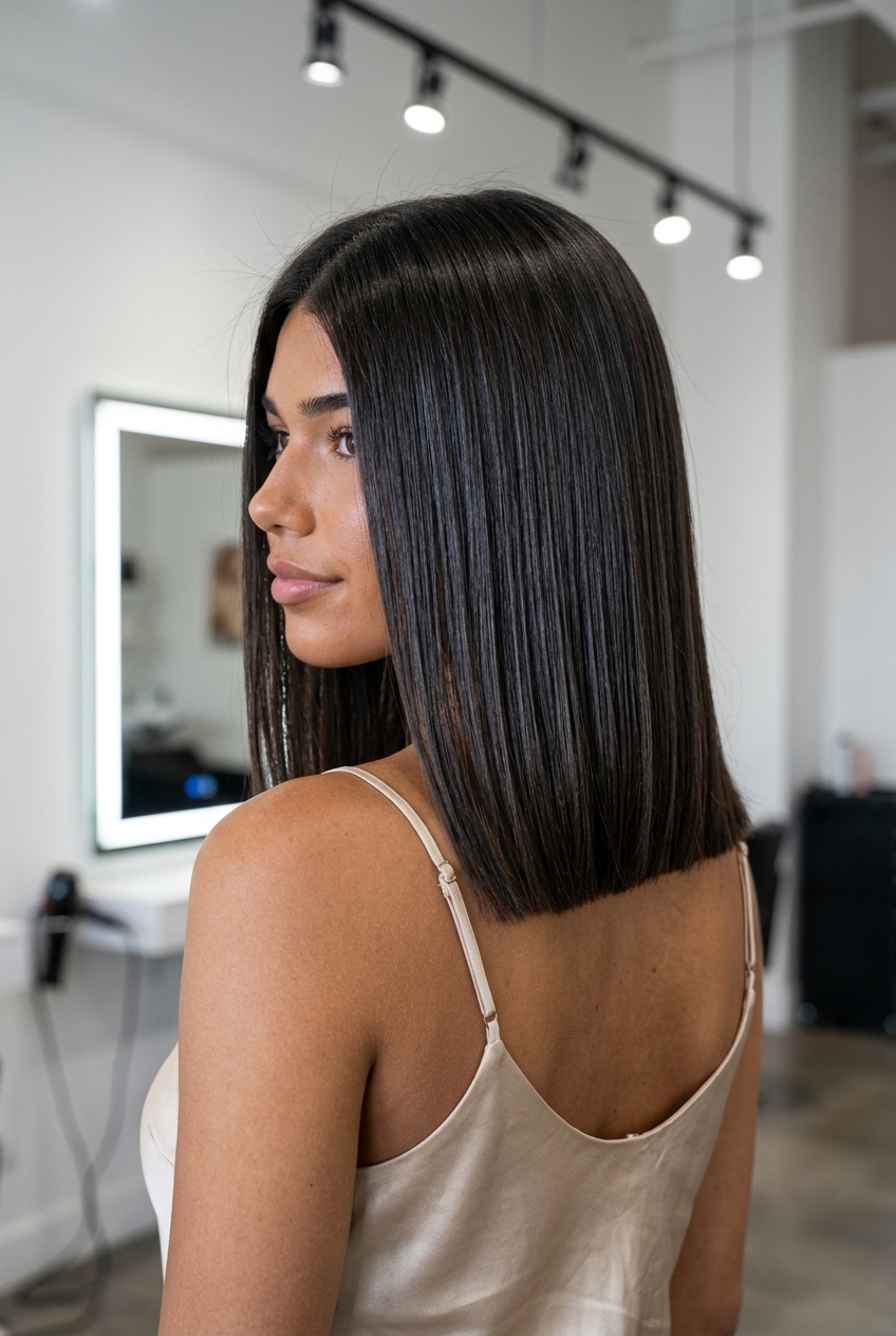 medium lob haircut in deep espresso with high shine for summer