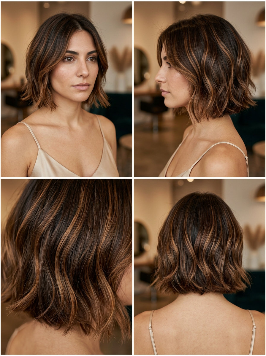 short deep syrup brunette micro bob with caramel ribbons, graduated layers — romantic