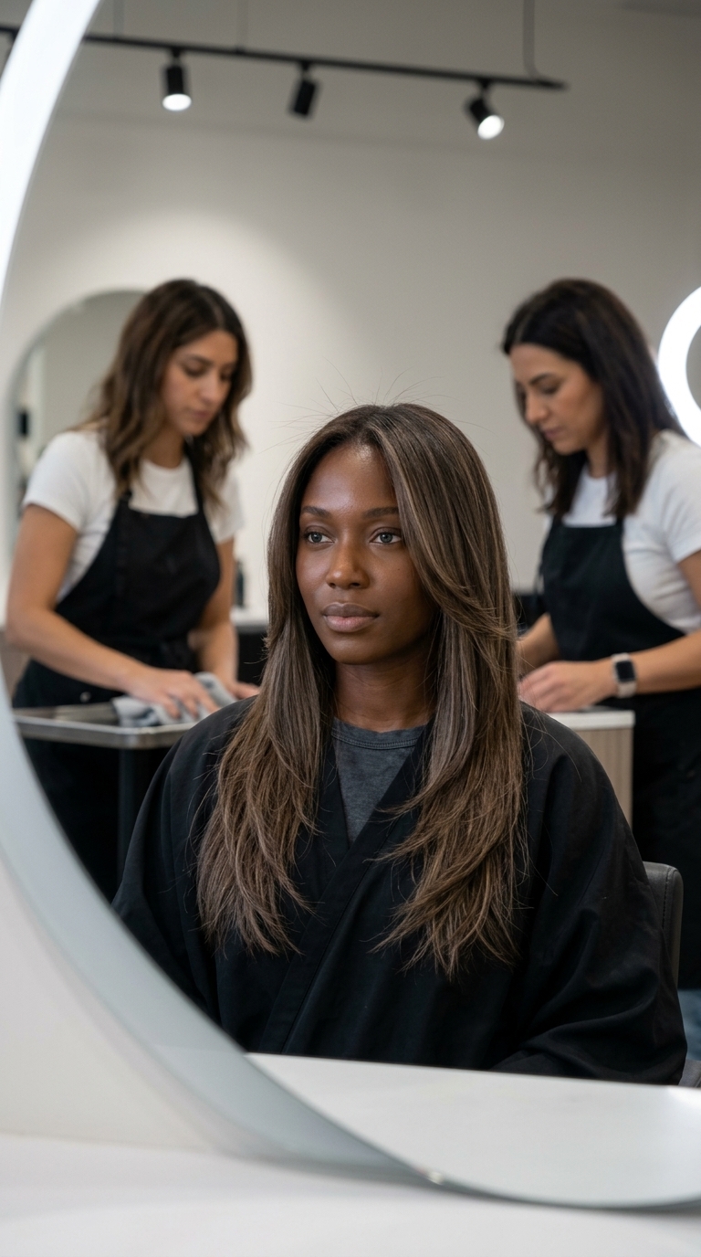 long dimensional brunette haircut with subtle caramel lowlights for sophisticated style