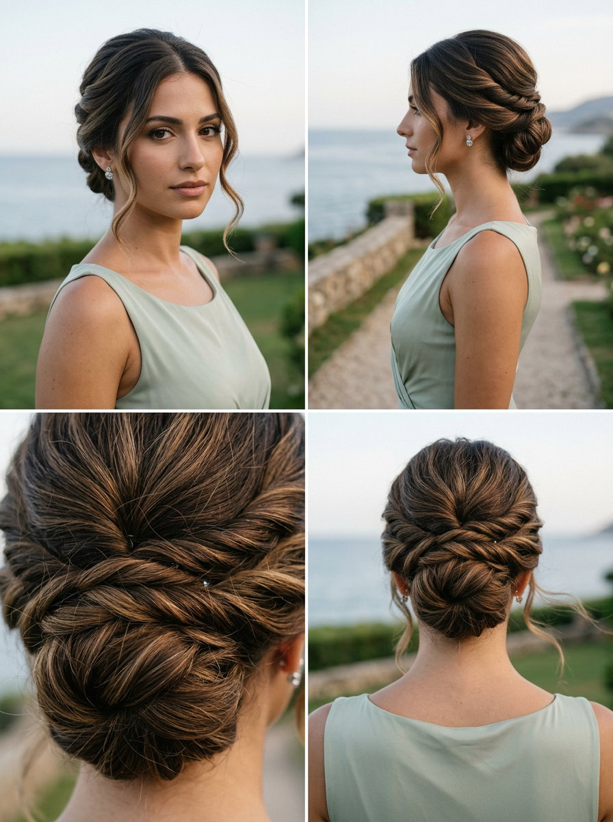 long dimensional blonde wavy hairstyle with caramel lowlights, twisted updo with loose tendrils for summer