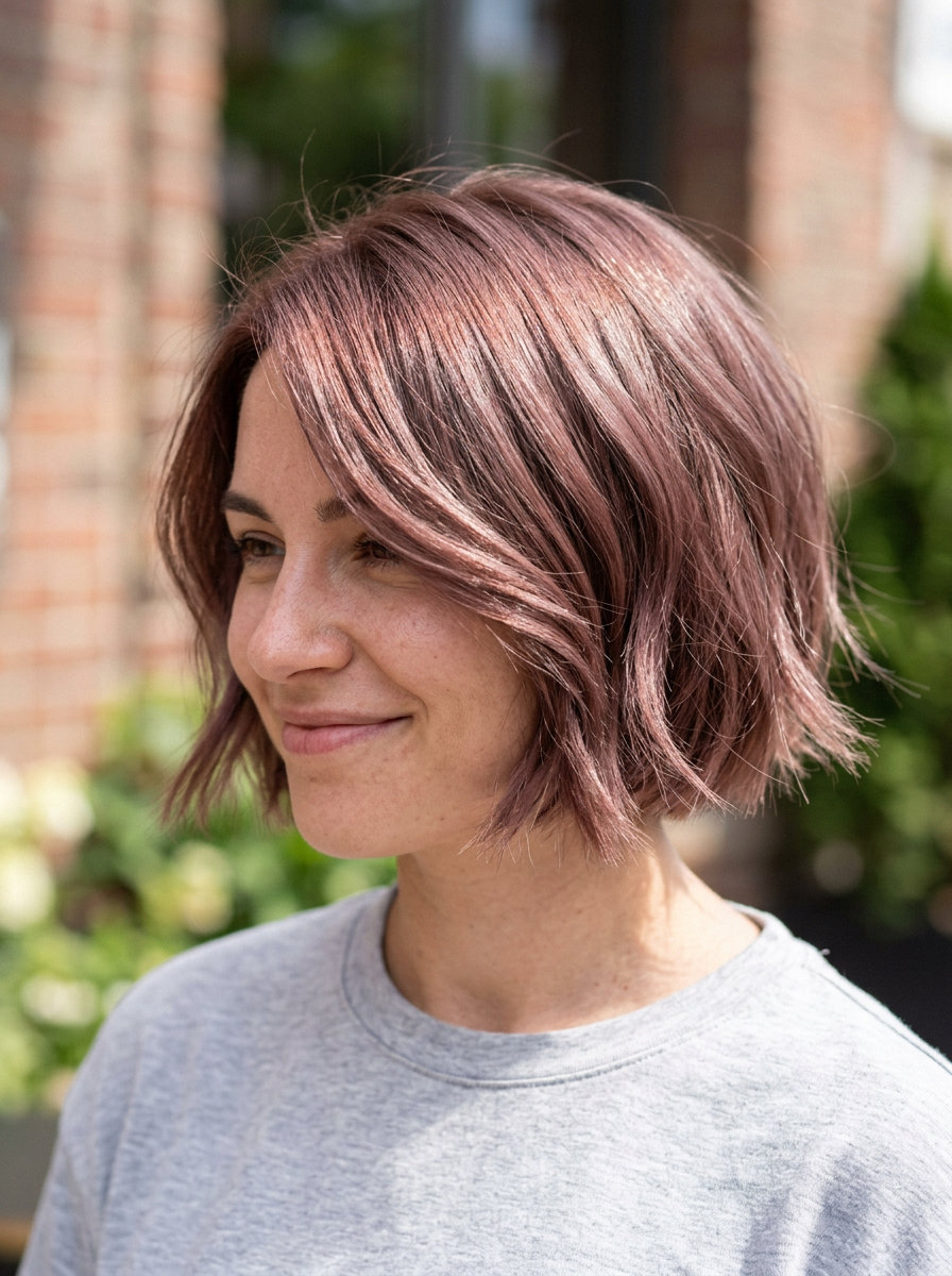 Airy Dusty Rosewood Italian Bob 2026 short italian bob haircut in dusty rosewood, with invisible internal layers — effortless style