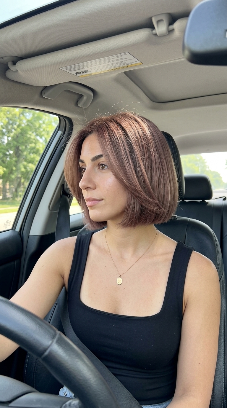Bold Dusty Rosewood Italian Bob 2026 short italian bob haircut with dusty rosewood, blunt perimeter, minimal layering — bold glamour