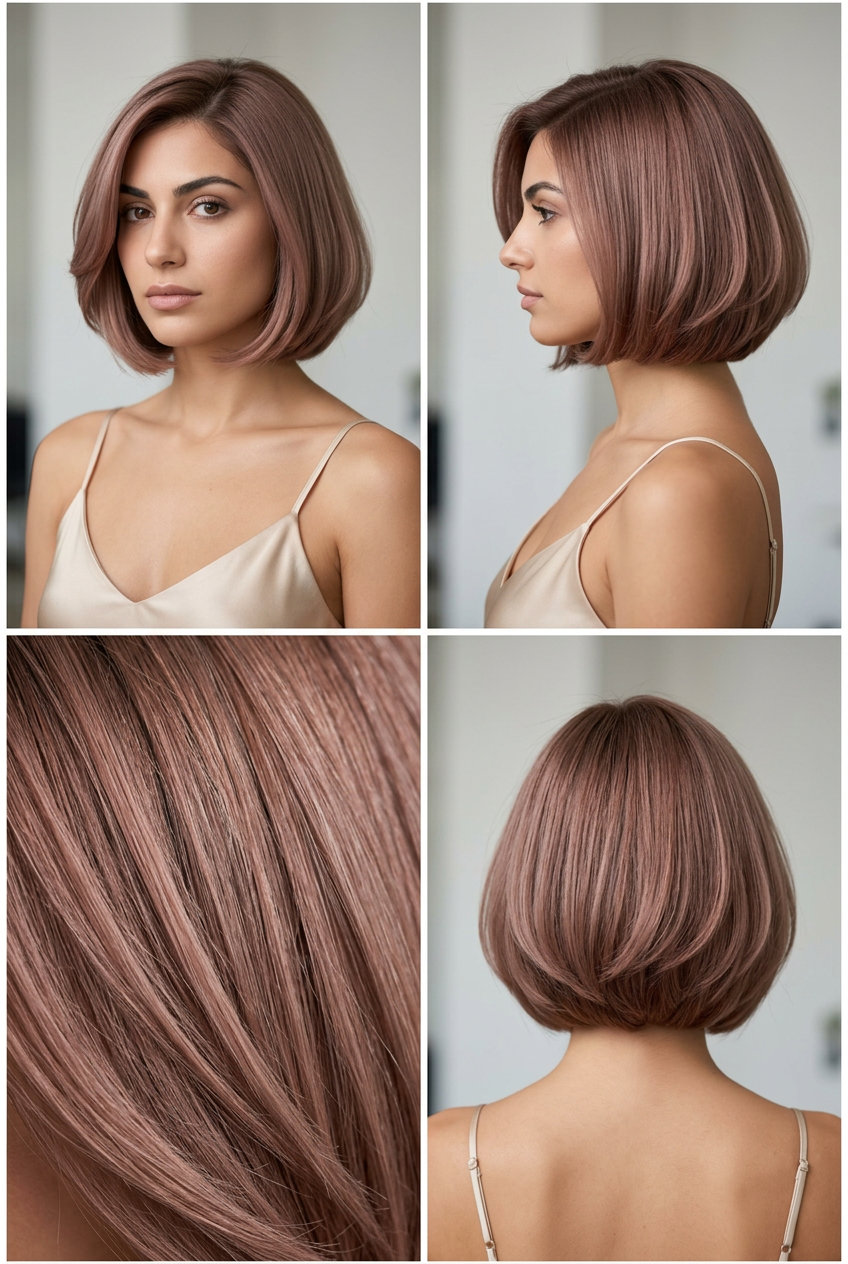 Sculpted Dusty Rosewood Italian Bob 2026 short italian bob haircut with dusty rosewood, sculpted silhouette, tapered nape — classic glamour