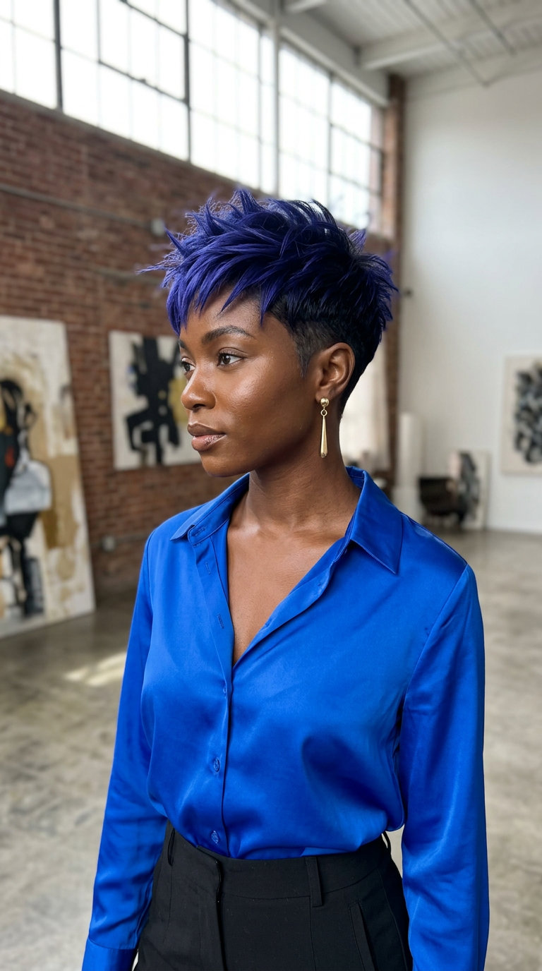 very short electric indigo pixie crop with black root, textured natural hair for futuristic festival looks