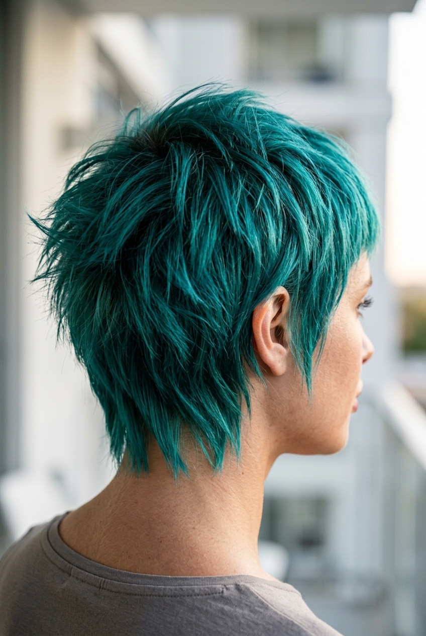 short electric teal wolf cut with charcoal root and spiky layers for edgy look