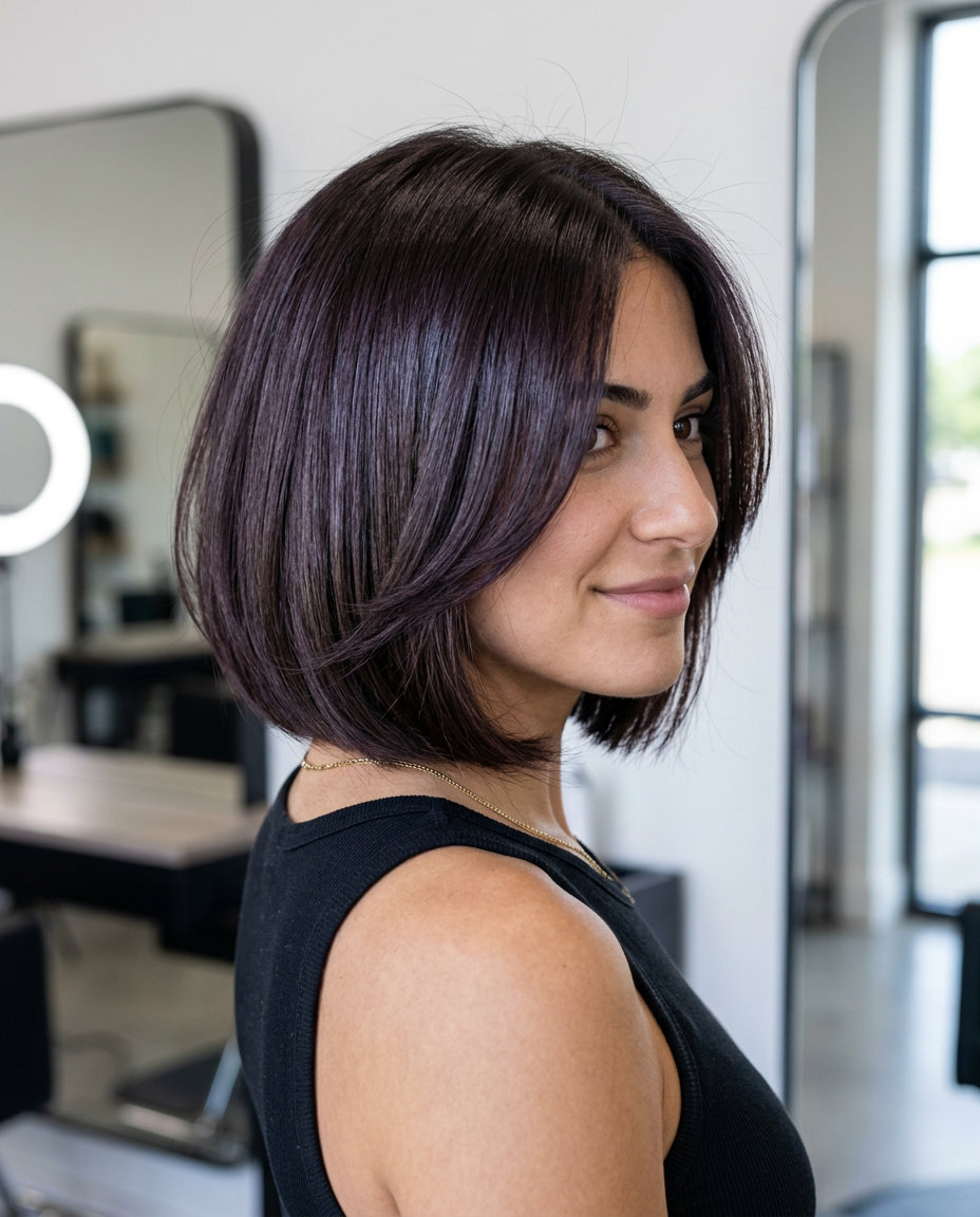 chin-length layered butterfly bob in deep espresso brown with violet undertones for professional events