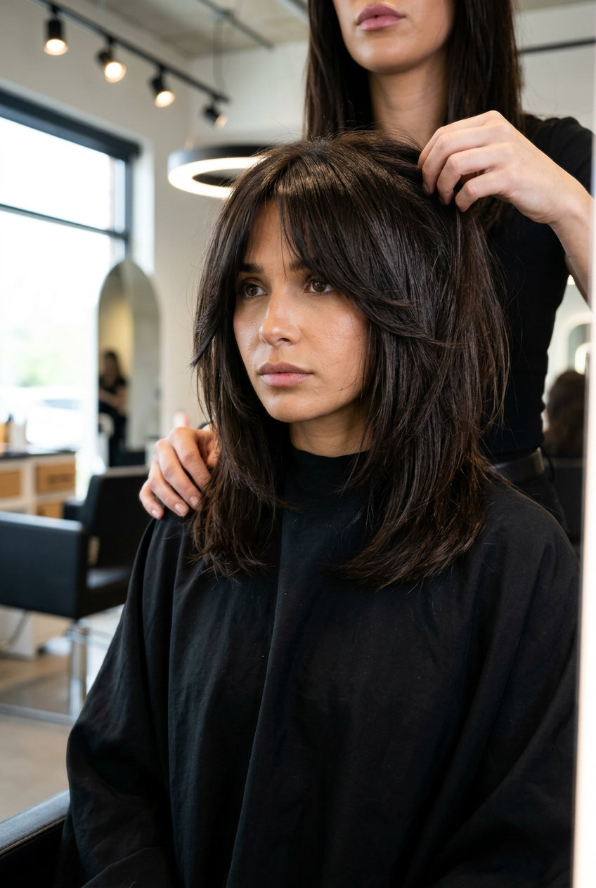 collarbone shag haircut with espresso brown color and choppy layers for thin fine hair