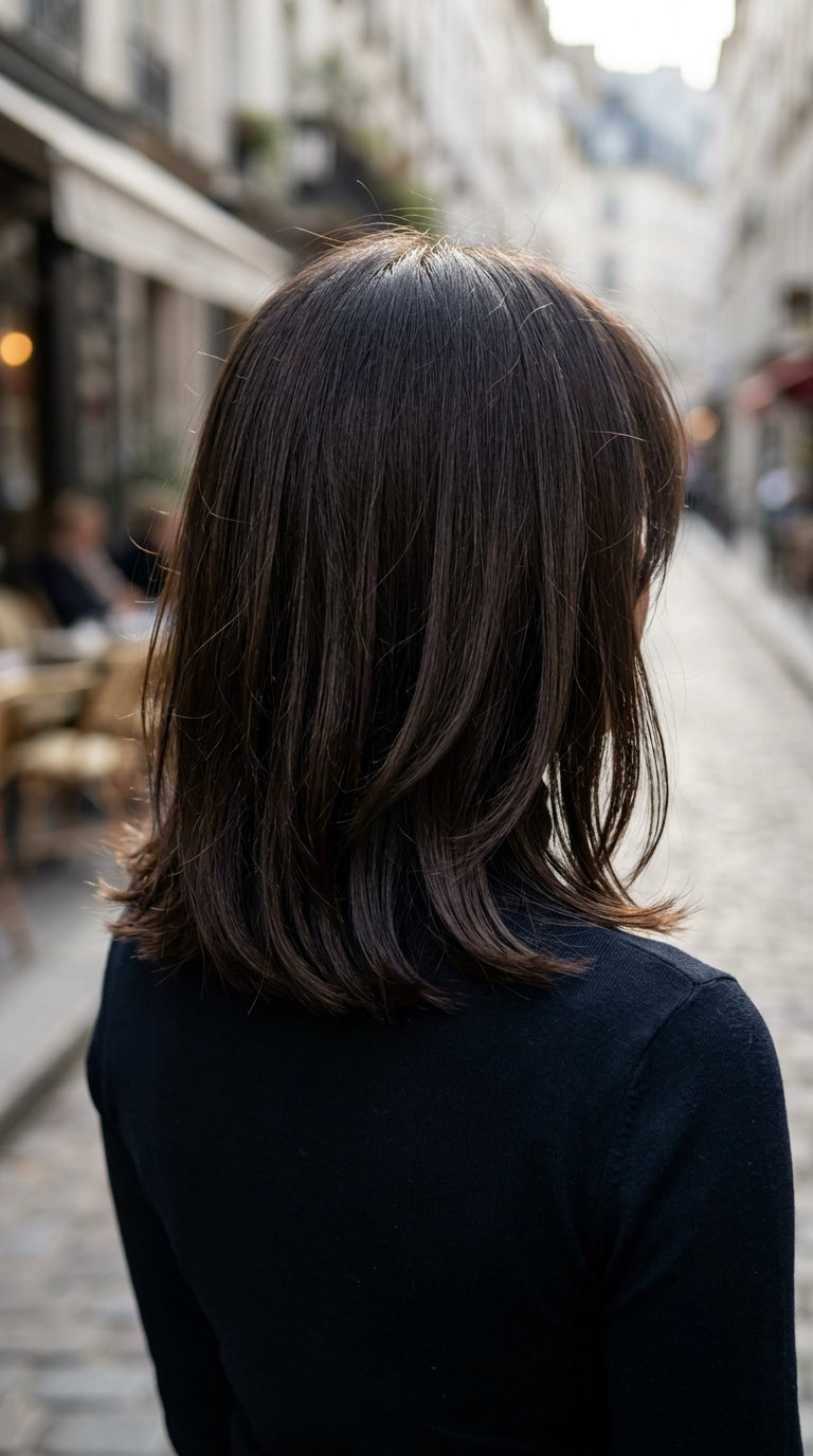 medium lob haircut with espresso brown, point-cut perimeter, brow-grazing fringe — effortless romantic style